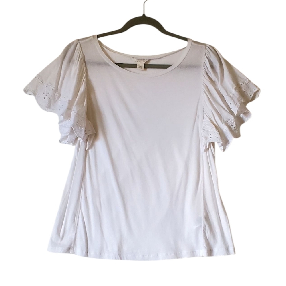 Caslon Soft White Top Lace Detail Flutter Short Sleeves Size Medium NWT